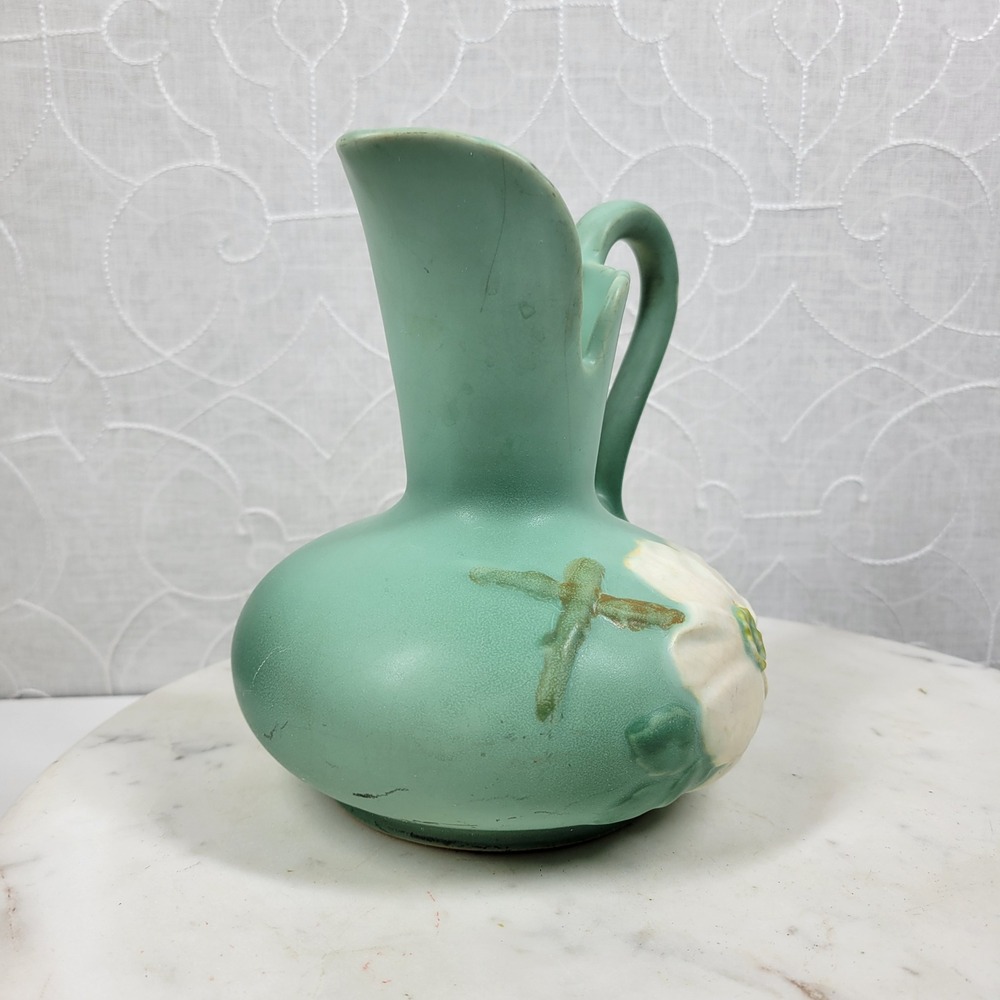 Vintage 1930s Weller Pottery Dogwood Pitcher Vase Aqua Blue Floral Art Deco - Picture 16 of 16